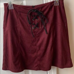 Maroon suede tie mini skirt